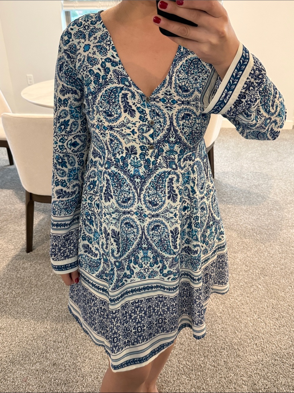 Allen B Blue White Paisley Print Boho Long Sleeve Shift Dress M